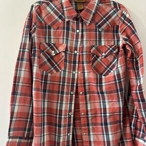 Wrangler Coral and Navy Plaid Western Snap Shirt
